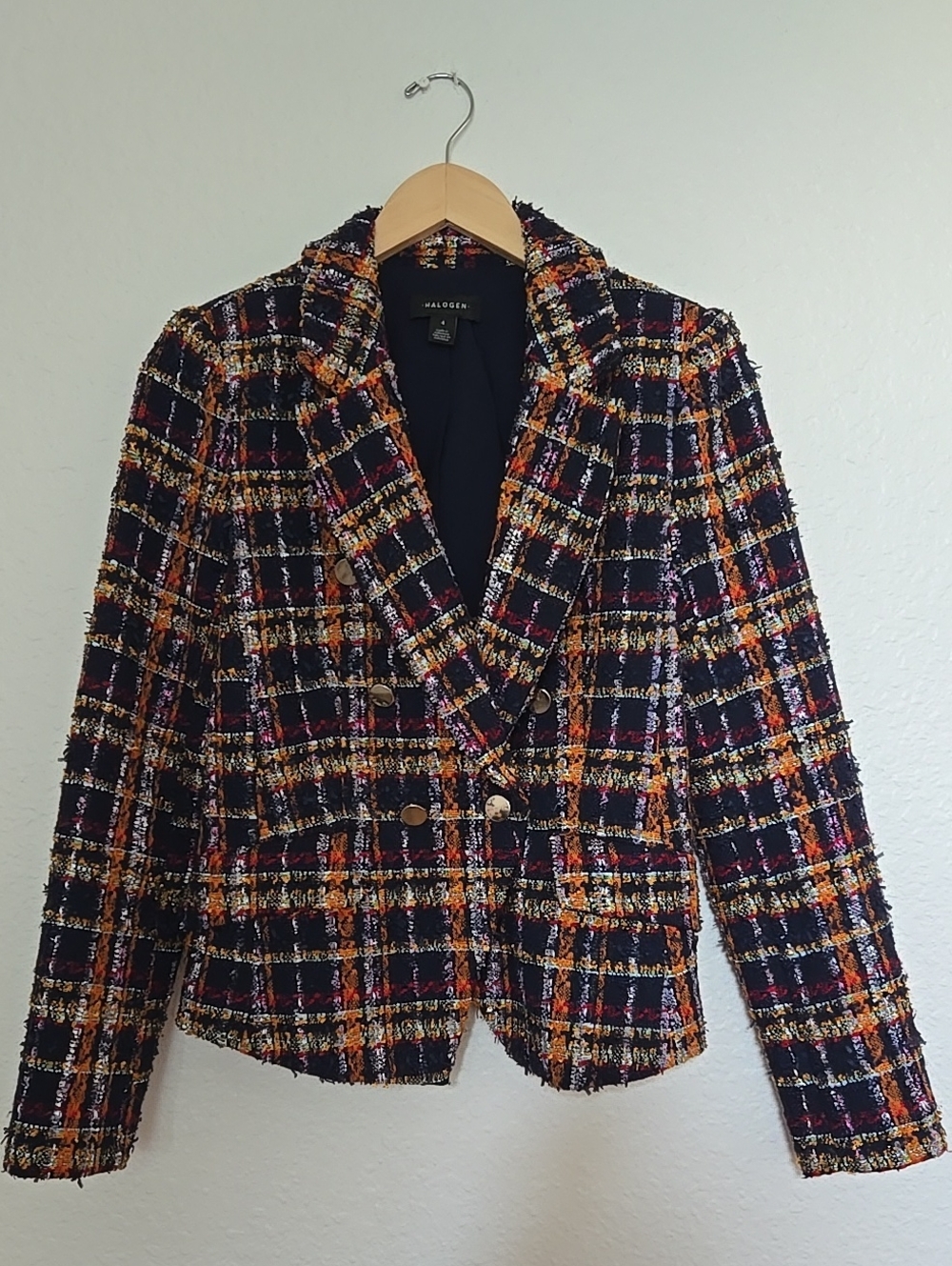 Halogen Navy Plaid Tweed Shimmery Double-Breasted Blazer with Metallic Buttons